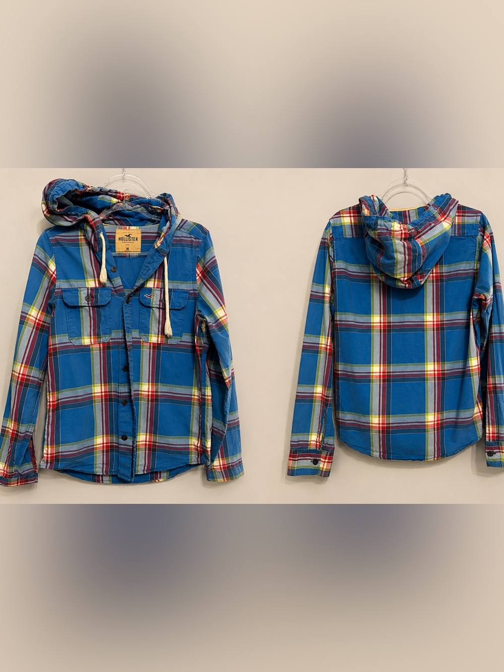Vintage Y2k Hollister Blue Plaid Hooded Shirt Jacket Shacket Size M Surf Grunge